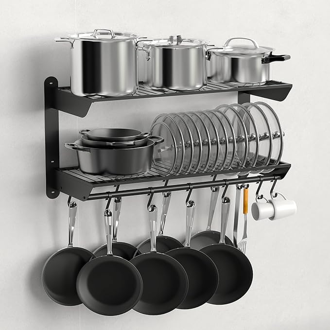 Taozun Pot Rack Wall Mounted 30 Inch, 2-Tier Heavy Duty Pot and Pan Hanging with 12 Hooks, Kitchen Cookware & Utensils Storage Hanger