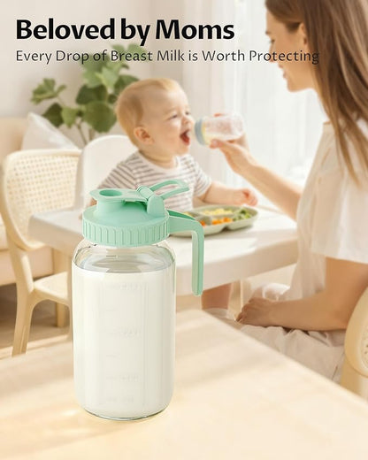 64oz Glass Breast Milk Pitcher with Lid & Pour Spout, 2 Quart Airtight Leakproof BreastMilk Fridge Storage Container - Wide Mouth, Dishwasher Safe Formula Pitcher with Handle - Image 7