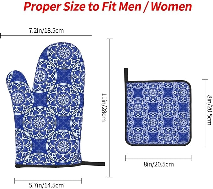 Chinoiserie Blue and White Floral Oven Mitts and Pot Holders Sets of 3, Heat Resistant Non-Slip Boho Kitchen Gloves for Baking Cooking Grilling, Navy Blue Hot Pads for Kitchen Decor, Gifts for Women - Image 8