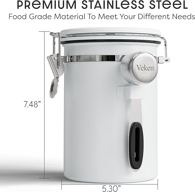 Veken Coffee Canister with Window, Airtight Stainless Steel Kitchen Food Storage Container with Lids, Date Tracker and Scoop for Grounds Coffee, Beans, Tea, Flour, Cereal, Sugar Jars, 22OZ, White - Image 2