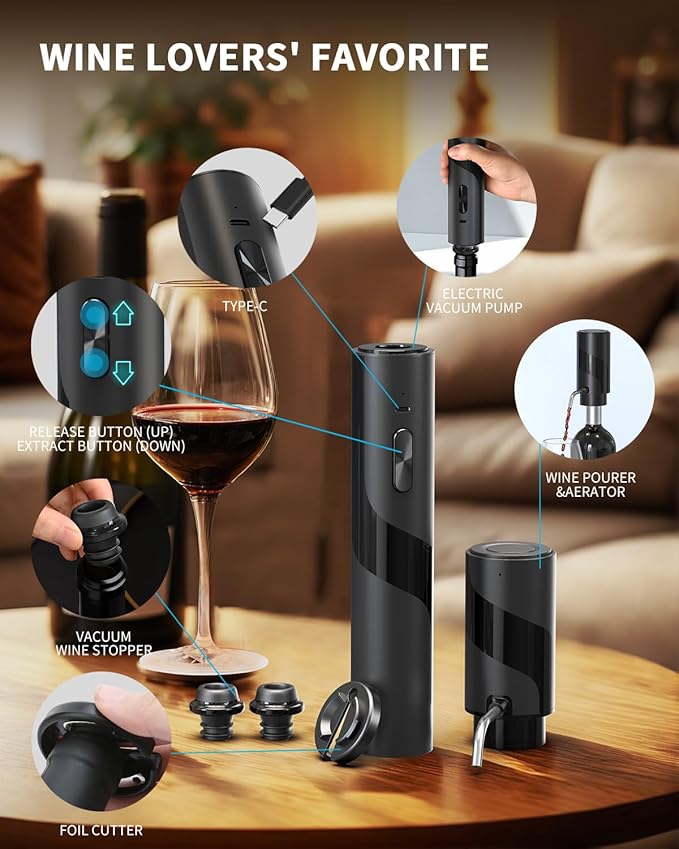 CIRCLE JOY Electric Wine Bottle Opener Set Rechargeable 7-in-1 Wine Set with Foil Cutter, Electric Wine Opener, Electric 2in-1 Wine Aerator & Pourer, Electric Vacuum Pump and 2 Wine Stoppers, Black - Image 3