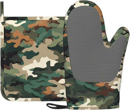 Green Camouflage Oven Mitt and Pot Holder with Silicone Heat Resistant Kitchen for Cooking BBQ Baking Grilling Cooking Protection