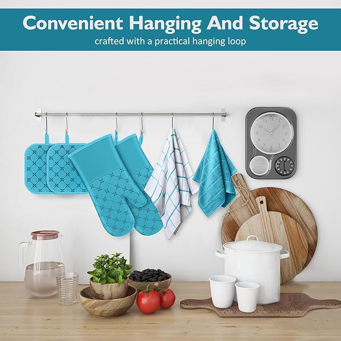 Oven Mitts Kitchen Towels Dishcloths with Pot Holders Sets 12PCS, Dish Towels Sets, Oven Gloves Pot Pads Heat Resistant 500 Degrees with Non-Slip Silicone Surface for Cooking Baking Grilling (Blue) - Image 6