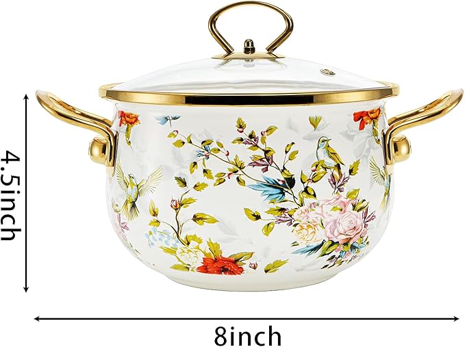 SOUJOY 2.8 Quart Enamel Stockpot with Glass Lid, Vintage Floral Soup Pot, Non-Stick Bean Stew Simmer Pot with Handle for Kitchen, Induction & Gas Stove Safe, Mother's Day, Wedding, Christmas Gift - Image 2