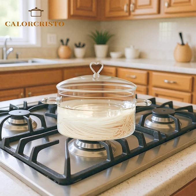 3 L Glass Cooking Pot with Lid, Glass Simmer Pot, Save Energy, Heat Resistant, for Water-based Recipes. Heart Shape Lid, Clear, 3.2QT(3000ml)