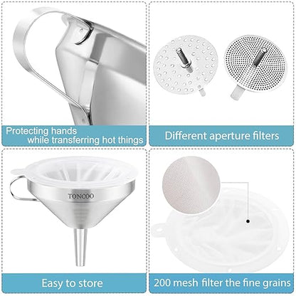 Toncoo 3 Pack Stainless Steel Funnels for Kitchen Use, Food Grade Cooking Funnel with 3 Strainer, Kitchen Funnel Set Metal Funnels for Filling Bottles