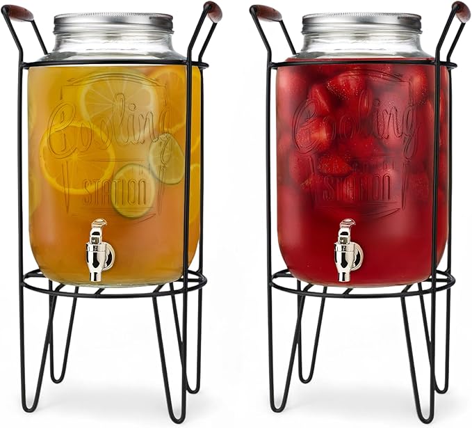 2 PACK-2 GALLON Drink Dispensers for Parties - Cooling Station Beverage Dispensers with Stand, Glass Water Jug Dispenser, 100% Leakproof Spigot Perfect For And Daily Use