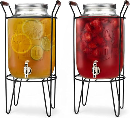 2 PACK-2 GALLON Drink Dispensers for Parties - Cooling Station Beverage Dispensers with Stand, Glass Water Jug Dispenser, 100% Leakproof Spigot Perfect For And Daily Use