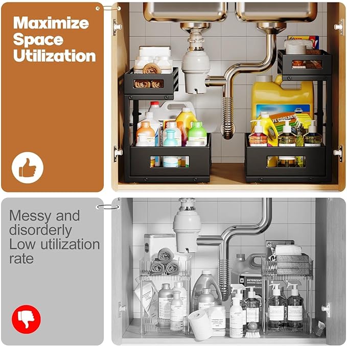 2-Pack Under Sink Organizer and Storage,2-Tier L Shape Pull Out Cabinet Organizer With Round Tube Slide Rails,Hight Adjustable Slide Out Drawers for Kitchen&Bathroom,Multi-Purpose Shelf-Black - Image 5