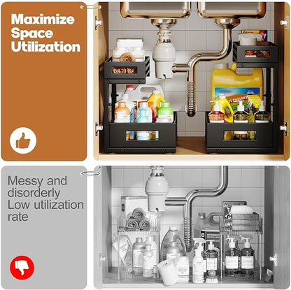 2-Pack Under Sink Organizer and Storage,2-Tier L Shape Pull Out Cabinet Organizer With Round Tube Slide Rails,Hight Adjustable Slide Out Drawers for Kitchen&Bathroom,Multi-Purpose Shelf-Black - Image 5