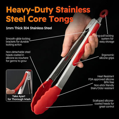 HST Tongs for Cooking with Silicone Tips(3 Pack), Non Stick Kitchen Tongs with Silicone Tip for Cooking BBQ Baking (12", Red) - Image 6