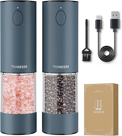 TOMEEM Upgraded Larger Capacity Electric Salt and Pepper Grinder Set Rechargeable with LED lights, Stainless Steel Automatic Pepper and Salt Grinder Refillable with 5 Adjustable Coarseness Blue by Tomeem