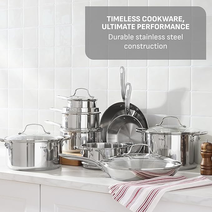 T-fal Gourmet 15-Piece Stainless Steel Cookware Set, Pots and Pans Cooking Set, Dishwasher Safe, Oven Safe to 500°F, Induction Compatible, Stock Pot, Sauce, Saute, Frying Pans, Silver - Image 3