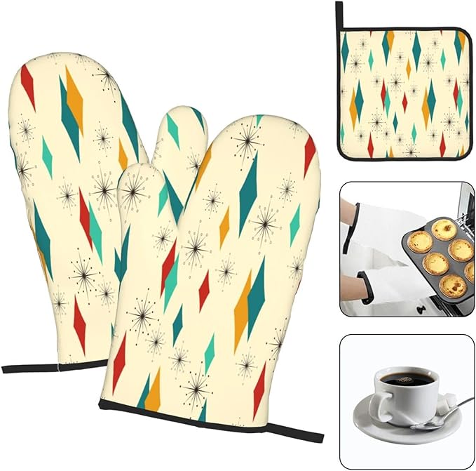 Mid Century Modern Oven Mitts and Pot Holders Set Heat Resistant Non Slip Set of 3 Retro Decor Kitchen Gloves Hot Pads for Cooking BBQ Baking Grilling - Image 3