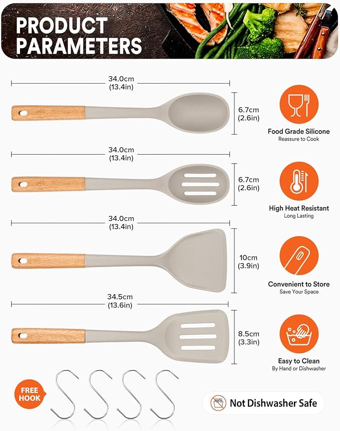 Silicone Cooking Utensils Set, Perfectly Angled for Frying, Mixing,Serving,Draining,Turning and Stirring, BPA-Free Matte Silicone, Wood Handles, Safe for Nonstick Cooking Surfaces,4 Pack (Khaki) - Image 2