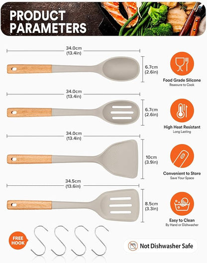 Silicone Cooking Utensils Set, Perfectly Angled for Frying, Mixing,Serving,Draining,Turning and Stirring, BPA-Free Matte Silicone, Wood Handles, Safe for Nonstick Cooking Surfaces,4 Pack (Khaki) - Image 2