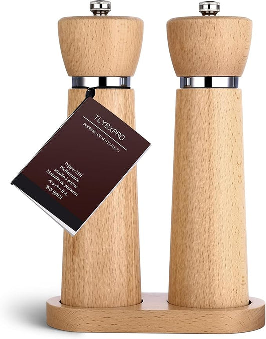 TLYSXPRO Wooden Salt and Pepper Grinder Set – Refillable Salt and Pepper Mill with Adjustable Upgraded Large Size Ceramic Burr – Manual Pepper Grinder with Beech Wood Body – 8.3” Tall