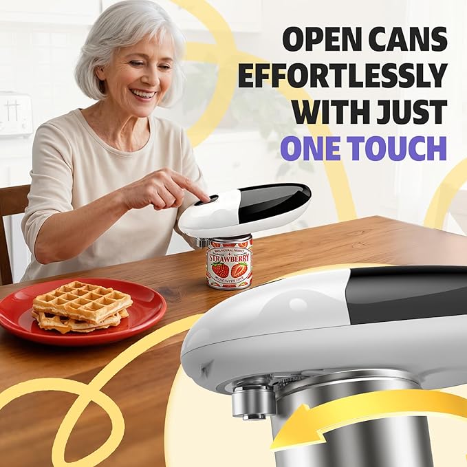 Handsfree One Touch Electric Can Opener, Smooth Edge Automatic Can Opener Fits All Can Sizes, Handheld Battery Operated Easy and Safe Kitchen Gadget for Seniors with Arthritis