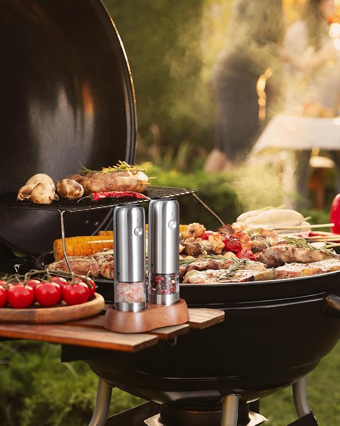 FORLIM Mini Electric Salt and Pepper Grinder Set with Wood Base, USB Rechargeable, Small Automatic Salt Pepper Mill Grinder, Travel/Outdoor BBQ/Children, One-Button Control (2 Packs, Stainless Steel) - Image 9