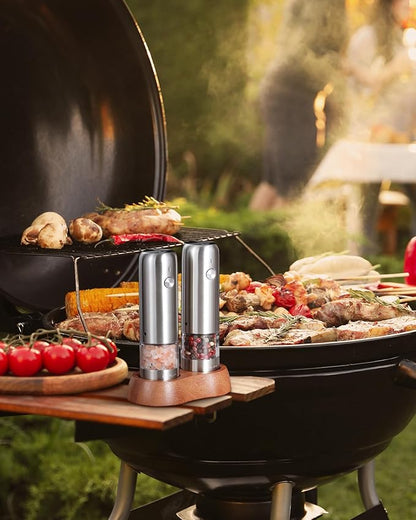 FORLIM Mini Electric Salt and Pepper Grinder Set with Wood Base, USB Rechargeable, Small Automatic Salt Pepper Mill Grinder, Travel/Outdoor BBQ/Children, One-Button Control (2 Packs, Stainless Steel) - Image 9