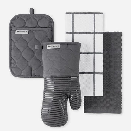 KitchenAid Quilted Cotton Terry Cloth Oven Mitt, Pot Holder, Kitchen Towel 4-Pack Set, Heat Resistant, Silicone Grip, Gift Set, Charcoal Grey, 16"x26", 7"x13" & 7"x10" by KitchenAid