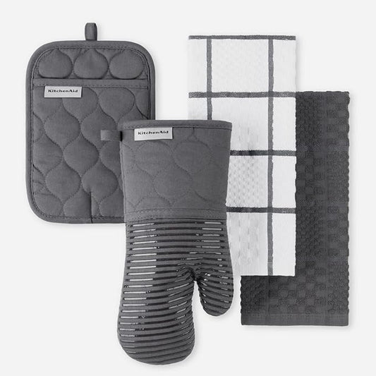 KitchenAid Quilted Cotton Terry Cloth Oven Mitt, Pot Holder, Kitchen Towel 4-Pack Set, Heat Resistant, Silicone Grip, Gift Set, Charcoal Grey, 16"x26", 7"x13" & 7"x10" by KitchenAid