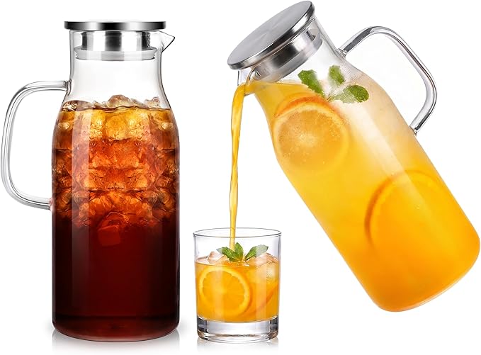 LUNA&MANTHA 2 Pack 2 Liter 68 oz Glass Pitcher with Lid and Handle, Water Pitcher for Fridge, Large Ice Tea Jug for Hot/Cold Drinks, Thick Borosilicate Glass Carafe for Coffee, Juice, Sangria by LUNAMANTHA