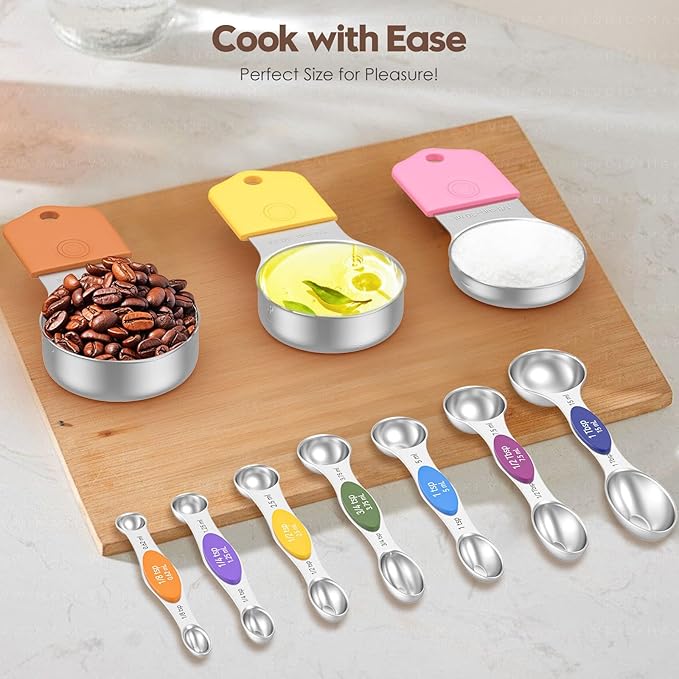Magnetic Measuring Cups and Spoons Set - 304 Stainless Steel | Dual-sided Design | Set of 15 with Leveler | Strong N52 Magnetic Nesting Design | for Dry & Liquid Ingredients (Colorful) - Image 7