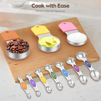Magnetic Measuring Cups and Spoons Set - 304 Stainless Steel | Dual-sided Design | Set of 15 with Leveler | Strong N52 Magnetic Nesting Design | for Dry & Liquid Ingredients (Colorful) - Image 7