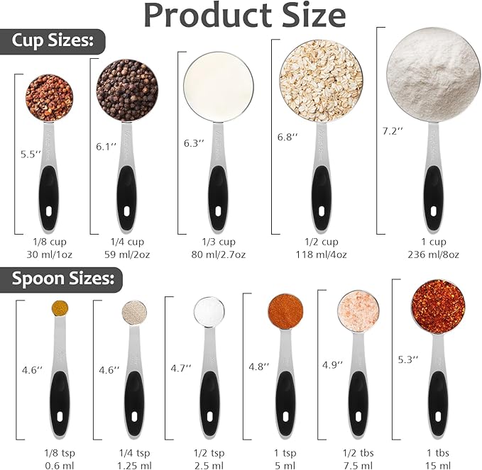 Accmor 11 Piece Metal Measuring Spoons Cups Set, Premium Stainless Steel Stackable Tablespoons Measurement kit, Kitchen Gadgets Cups and Spoon for Dry Liquid Ingredients Cooking Baking (Black Handle) - Image 3