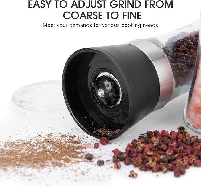 Hotder Premium Pepper and Salt Grinder Set of 2-Refillable Coarseness Adjustable Pepper Mill Shaker with Glass Body for Home,Kitchen(Two Pack) - Image 3