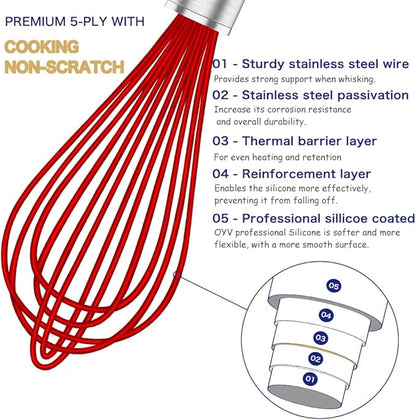 OYV Silicone Rubber Whisk,Premium Whisks For Cooking Non Scratch,Stainless Steel & Silicone Wisk For Nonstick Cookware Pans, High Heat Resistant kitchen Whisks set of 3,Red+Blue+Green - Image 3