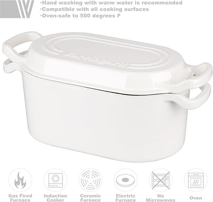 VORRINGARD Oval Dutch Oven Pot with Lid, Enamel Coating Cast Iron Bread Pans for Homemade Sourdough Bread Baking, Cooking, 4 Quart, White