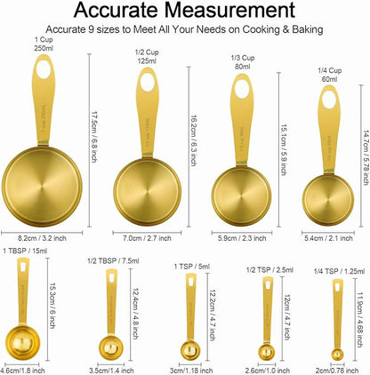 GuDoQi 9pcs 304 Stainless Steel Measuring Cups & Spoons, Stackable Long Handle Fits Narrow Jars, Golden Finish, Metric & US Measures for Dry/Liquid Ingredients, Rust-Proof for Baking & Cooking