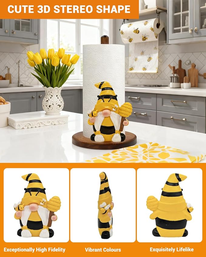 Paper Towel Holder, Honey Bee Kitchen Decor, Cute 3D Gnome Gifts for Women Mom Grandma, Wooden Freestanding Countertop Stand for Standard & Jumbo Rolls