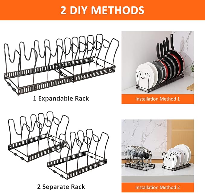 Pot Rack Organizer -Expandable Pot and Pan Organizer for Cabinet,Pot Lid Organizer Holder with 10 Adjustable Compartment for Kitchen Cabinet Cookware Baking Frying Rack,Bronze - Image 6