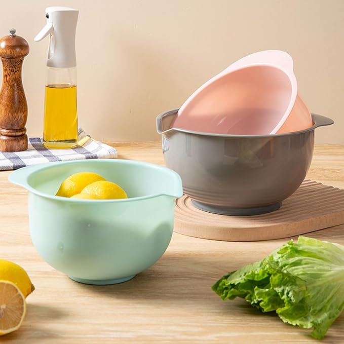 Set of 3 Mixing Bowls with Pour Spout-Nesting Design Saves Space - Non-Slip, BPA Free, Dishwasher Safe Plastic - Kitchen Cooking and Baking Supplies (Green Pink Grey) - Image 4