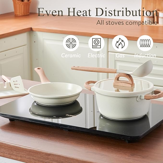 22 Pcs Pots and Pans Set Non Stick Non-Toxic Ceramic Kitchen Cookware Sets Nonstick Pot&Pan With Lid Cream White Granite Induction Compatible with Glass Lids Crepe - Image 4
