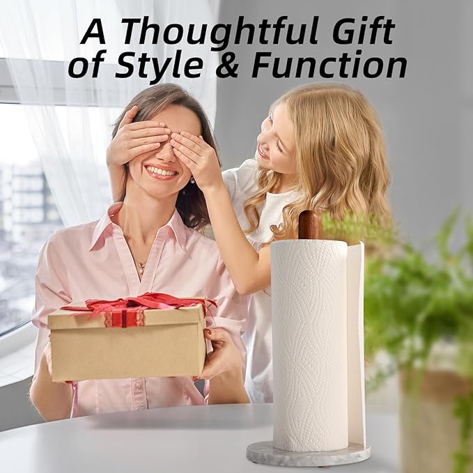 Acacia Wood & Marble Paper Towel Holder – Freestanding Paper Towel Holder for Countertop, Weighted for One-Handed Use, for Kitchen, Bathroom, Office - Image 8