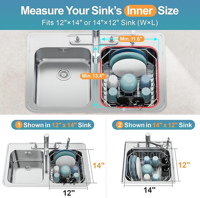 GSlife Small in Sink Dish Drying Rack - Stainless Steel Compact Dish Drainer for RV Kitchen Apartment Sink, Rust Resistant Inside Sink Rack, 1–2 Person Households, 11.6" W x 13.4" L, Silver - Image 2