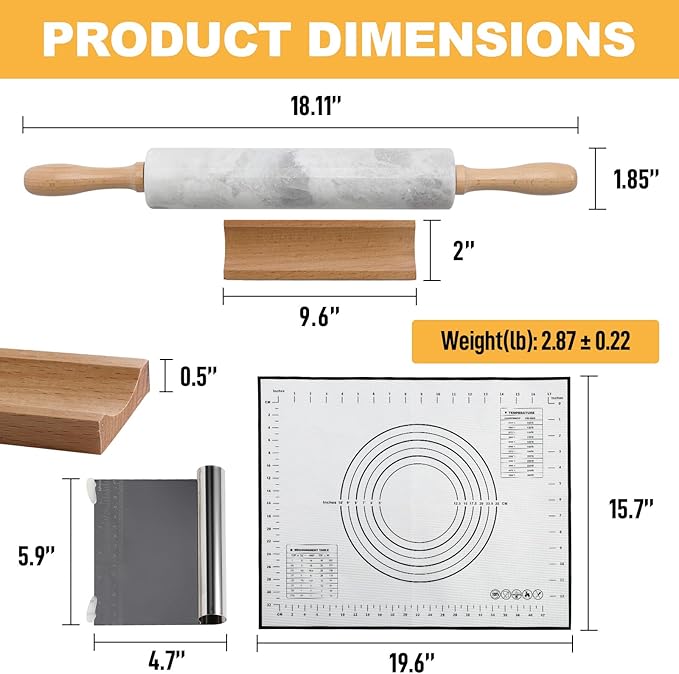 Koville African Natural Marble Rolling Pin, Non-Stick Polished Dough Roller, Pasta, Dumpling, Fondant, Pie Crust, Bread, Pizza Dough, Kitchen Baking Pastry Tools with Mat/Scraper(Grigio Fantasy) - Image 4