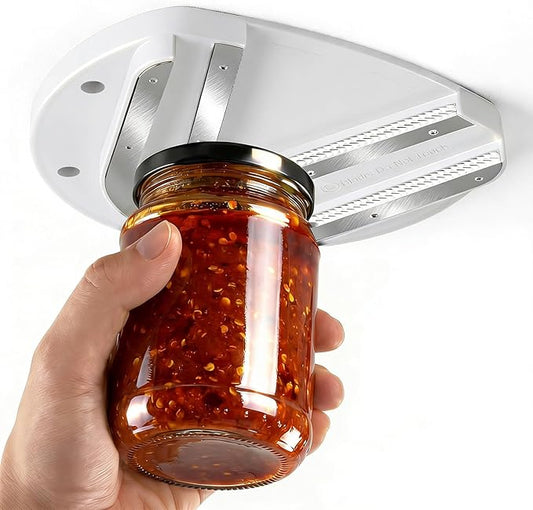 Mount-on Cabinet Jar Opener for Weak Hands,Seniors with Arthritis,Double U Shaped Grooves Grip Bottle Opener for Any Size Lid,304 Stainless Steel One-Handed Can Opener Tool for Home Assistance,White