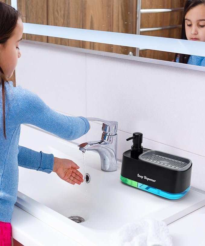 Hand and Dish Soap Dispenser Set for Kitchen, Dual Soap Dispenser with Sponge Holder, 3-in-1 Countertop Soap Pump Dispenser for Kitchen Sink, Useful Kitchen Gadgets - Black - Image 7
