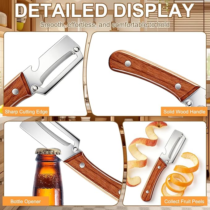 Premium Vegetable Peeler with Wooden Handle and Bottle Opener,2-in-1 Stainless Steel Kitchen Tool for Fruit Potato Zucchini Pumpkin Papaya(2 PSC) - Image 4