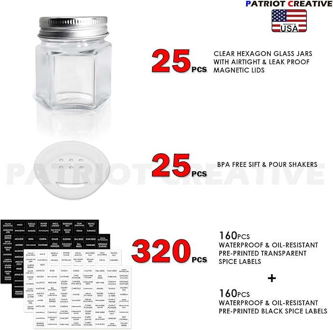 PATRIOT Set of 25 Hexagon Glass Spice Jars with Shaker Lids and Labels for Refrigerator, Kitchen, RV Travel Trailer Magnetic Containers