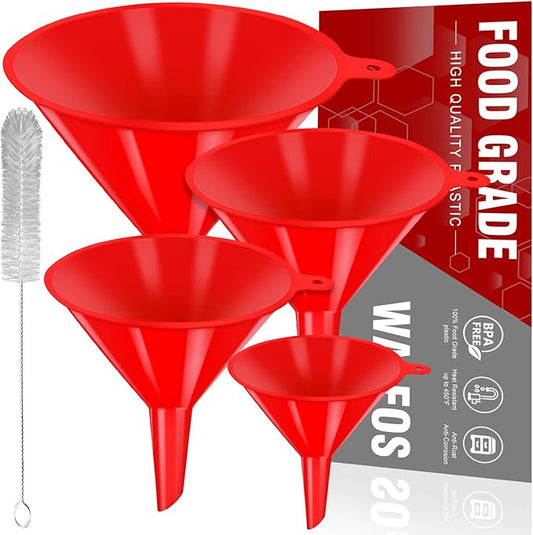 walfos 4pcs Kitchen Plastic Funnel (NO BPA),Automotive Funnel for Liquid Transfer,funnels for Filling Bottles, containers or Kitchen funnels for Laboratory use. red（4.7in&3.7in&2.7in&2in by Walfos