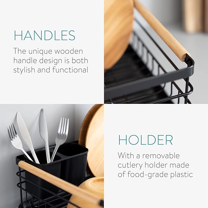 Navaris Dish Drainer Rack - Plate, Silverware, Pots and Pans Drying Rack for Kitchen with Beechwood Handles - Modern Retro Design Drip Tray - Black - Image 3