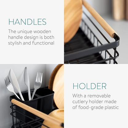 Navaris Dish Drainer Rack - Plate, Silverware, Pots and Pans Drying Rack for Kitchen with Beechwood Handles - Modern Retro Design Drip Tray - Black - Image 3