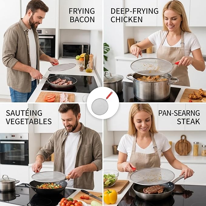 Splash Guard for Frying Pan, Frying Pan Screen Splatter Guard Set of 2, Stainless Steel Oil Splatter Screen for Frying Pans, Kitchen Cooking Protection, Splatter Guard with Heat Resistant Handles - Image 7