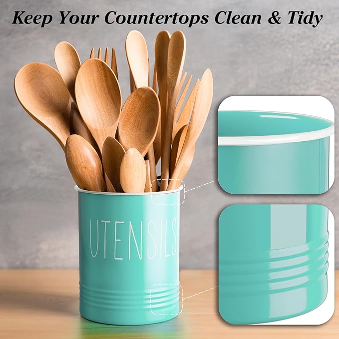 Bivvclaz Teal Kitchen Utensil Holder, 6.7" Utensil Holder for Kitchen Counter, Cooking Utensil Crock with Cork Bottom, Turquoise Decor and Accessories, Countertop Utensil Storage Caddy Organizer - Image 4